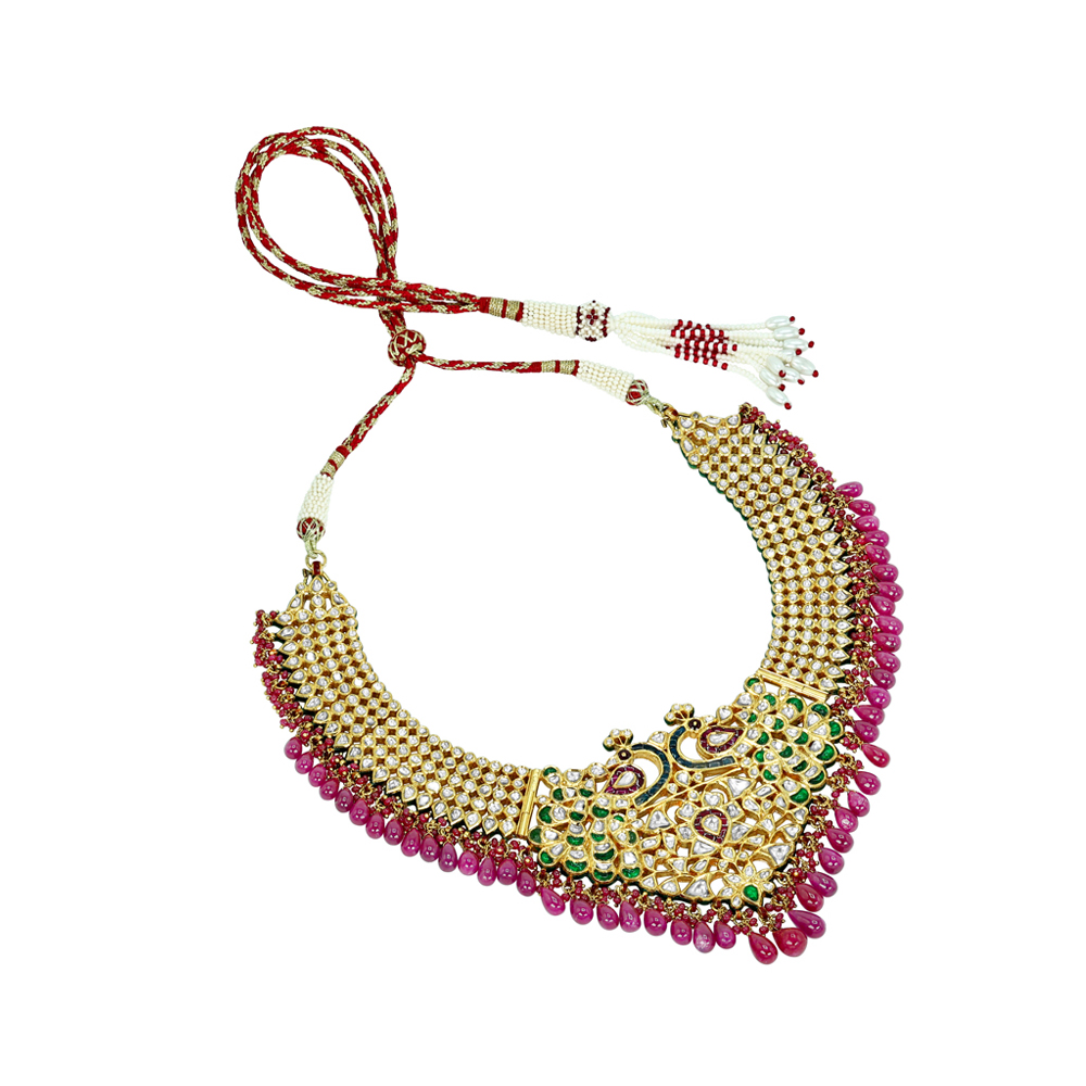 Necklace with Peacock Motifs, Polkis, and Ruby Drops